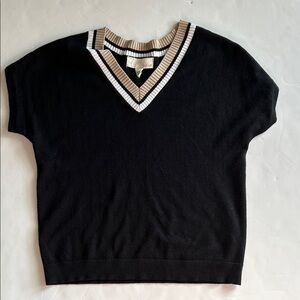 Nordstrom Black V-Neck Sweater with Cream and Tan Trim size S
